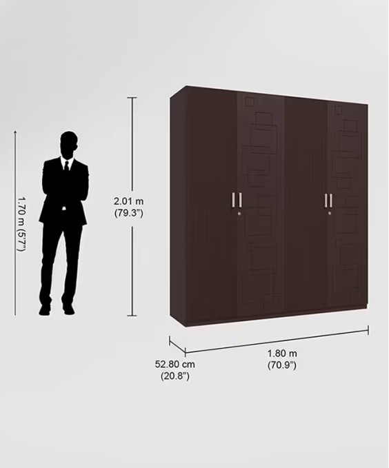 Kalista V2 4 Door Engineered Wood Wooden Wardrobe in Cinnamon Squadro Color 1 Year Warranty, 1 Drawer