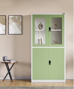 StorEase 4-Door Display Unit With Glass & Steel Swing Doors (Pale Green) 1-Year Warranty, 2 Shelves