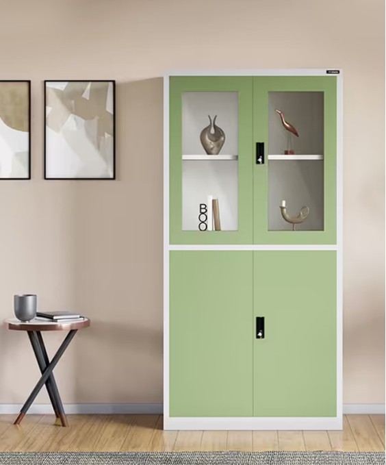 StorEase 4-Door Display Unit With Glass & Steel Swing Doors (Pale Green) 1-Year Warranty, 2 Shelves