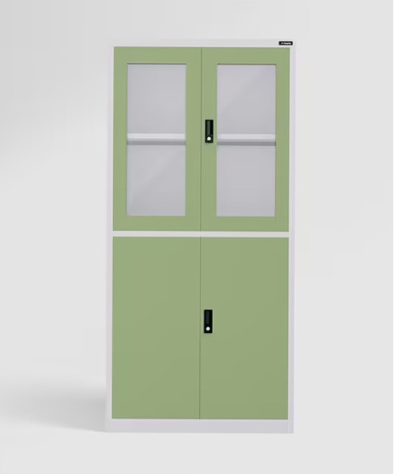 StorEase 4-Door Display Unit With Glass & Steel Swing Doors (Pale Green) 1-Year Warranty, 2 Shelves