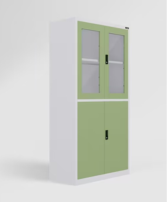 StorEase 4-Door Display Unit With Glass & Steel Swing Doors (Pale Green) 1-Year Warranty, 2 Shelves