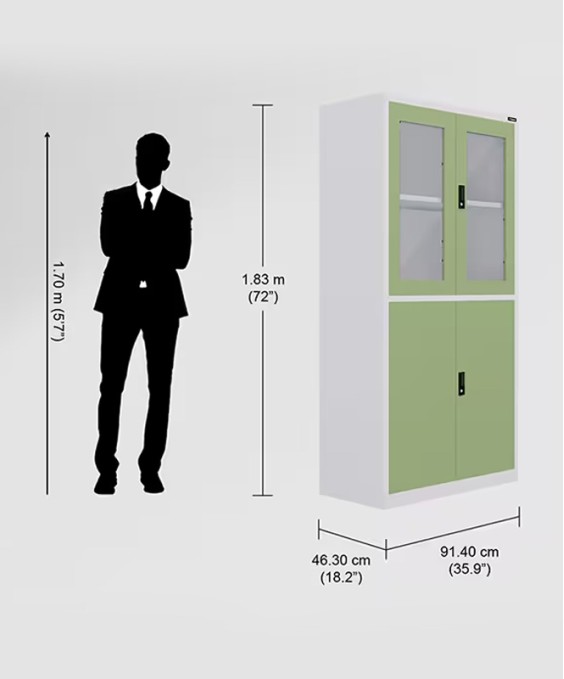 StorEase 4-Door Display Unit With Glass & Steel Swing Doors (Pale Green) 1-Year Warranty, 2 Shelves
