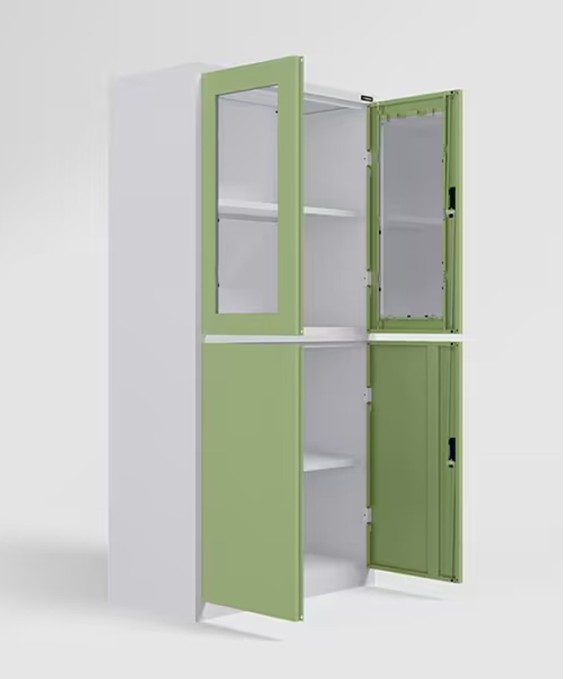 StorEase 4-Door Display Unit With Glass & Steel Swing Doors (Pale Green) 1-Year Warranty, 2 Shelves