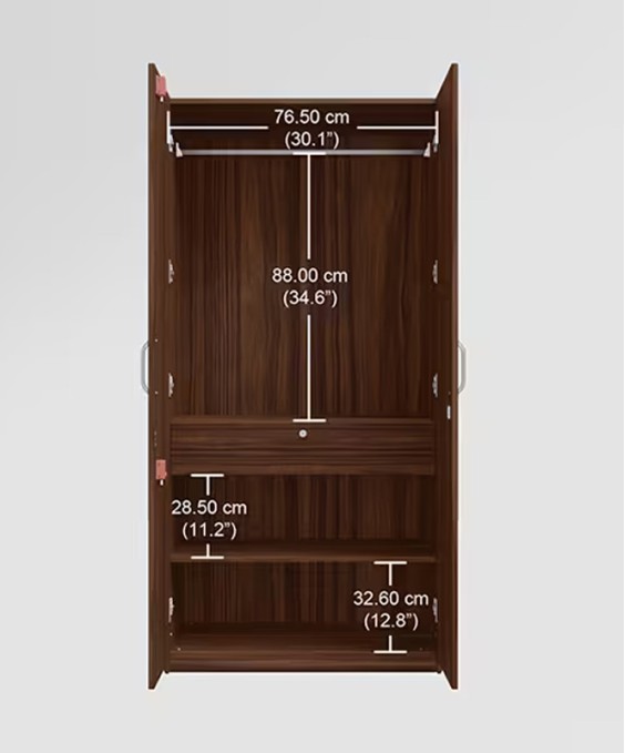 Stack 2 Door Engineered Wood Wardrobe (Brown) 1-Year Warranty, 2 Shelves, 1 Drawer