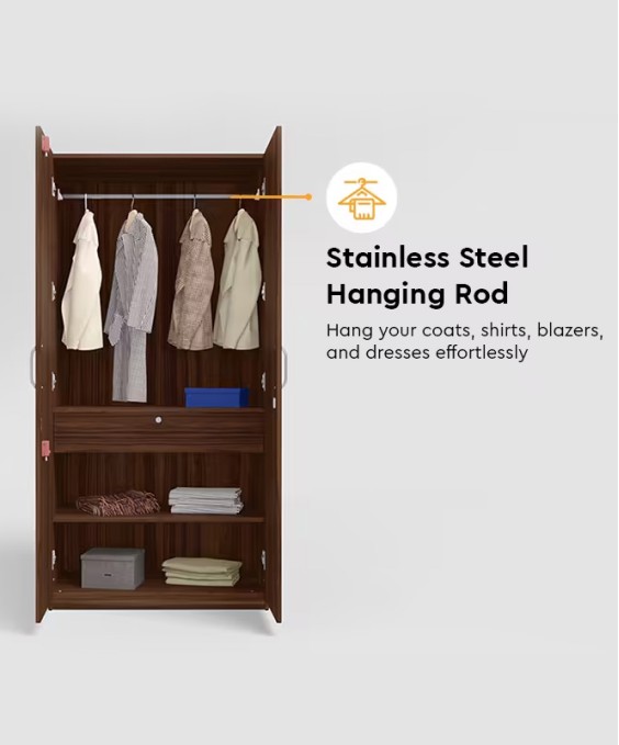 Stack 2 Door Engineered Wood Wardrobe (Brown) 1-Year Warranty, 2 Shelves, 1 Drawer