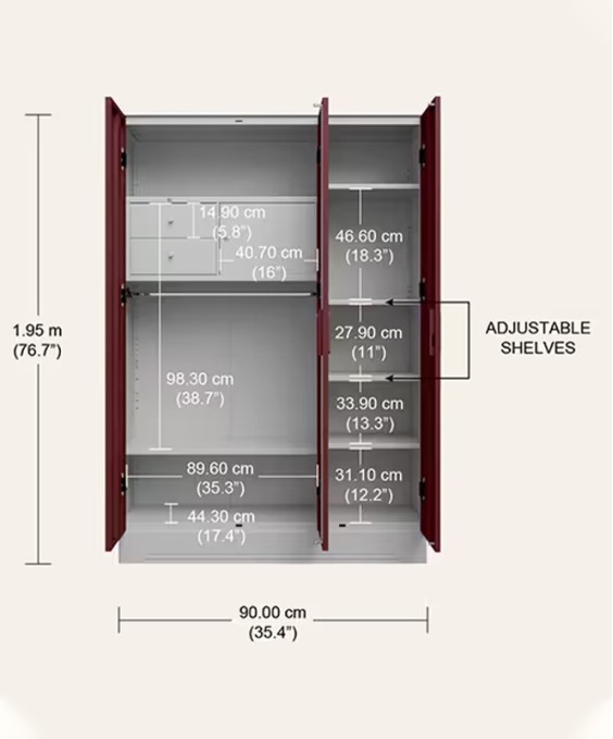 Slimline 3 Door Steel Almirah (Locker & Drawer, Russet)