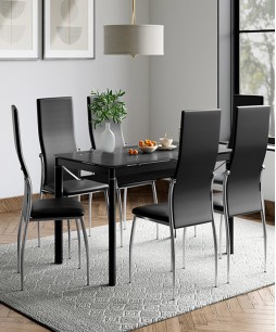 Brawn 6 Seater Dining Table Set (Tempered Glass Top, Black)