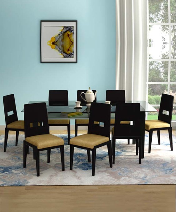 Crescent Plus 8 Seater Dining Table Set (Tempered Glass Top, Dark Chocolate)