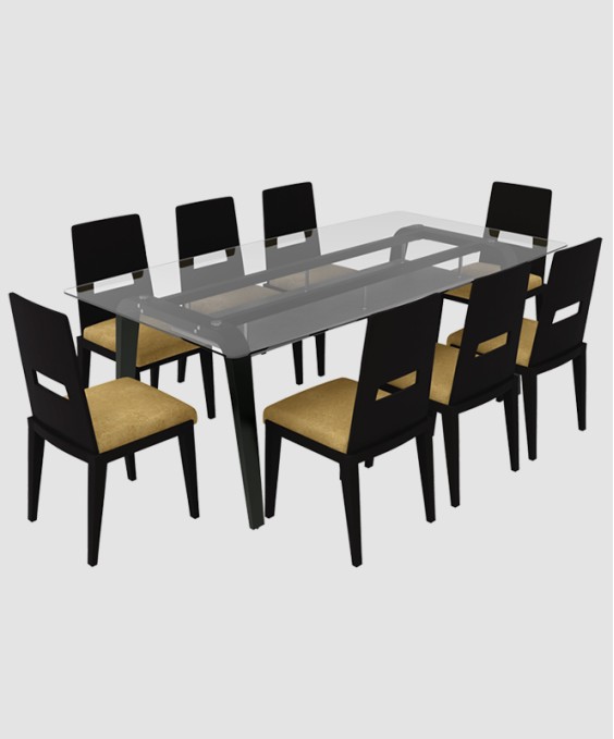 Crescent Plus 8 Seater Dining Table Set (Tempered Glass Top, Dark Chocolate)