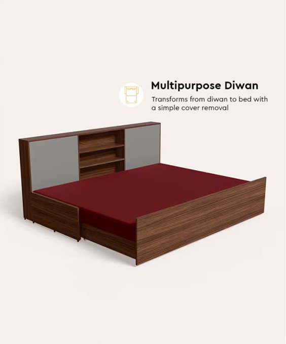 Vurv Queen Size Engineered Wood Diwan Bed With Mattress (1-Year Warranty, Brown)