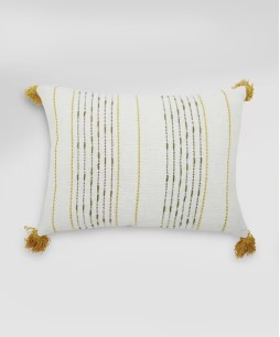 16x16 Cotton Square Cushion Cover (White & Yellow, Zig Zag Woven with Tassels)