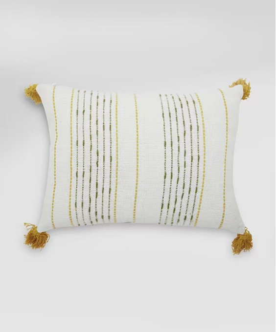 16x16 Cotton Square Cushion Cover (White & Yellow, Zig Zag Woven with Tassels)