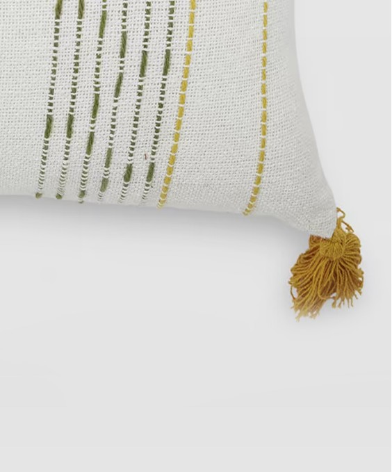 16x16 Cotton Square Cushion Cover (White & Yellow, Zig Zag Woven with Tassels)