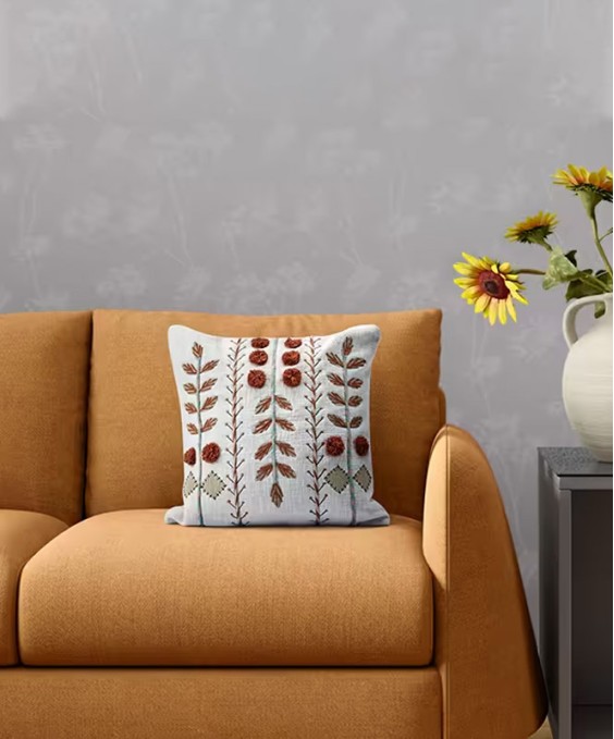 18x18 Cotton Square Cushion Cover ((Leaf Pompom) White & Rust, Embroidered)