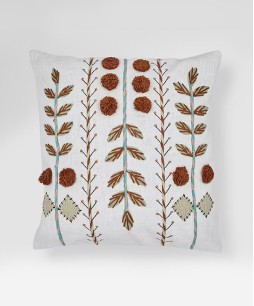 18x18 Cotton Square Cushion Cover ((Leaf Pompom) White & Rust, Embroidered)