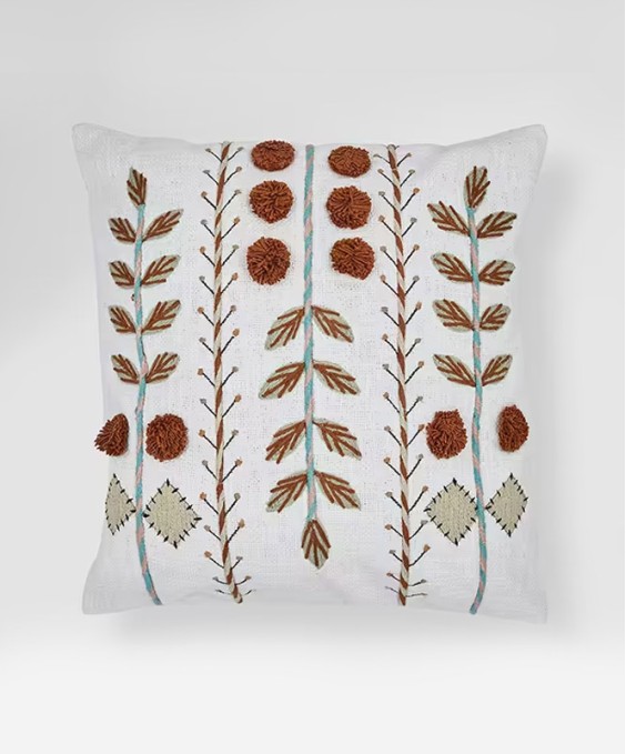 18x18 Cotton Square Cushion Cover ((Leaf Pompom) White & Rust, Embroidered)