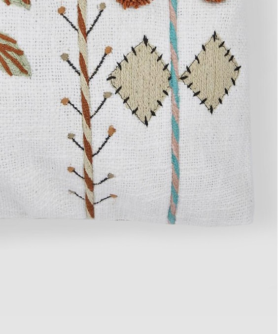 18x18 Cotton Square Cushion Cover ((Leaf Pompom) White & Rust, Embroidered)