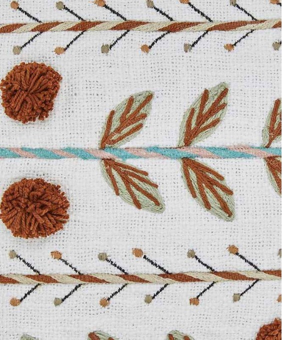 18x18 Cotton Square Cushion Cover ((Leaf Pompom) White & Rust, Embroidered)